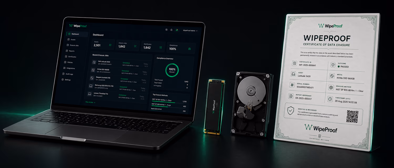 WipeProof console beside an NVMe drive, a hard drive and a client-ready certificate