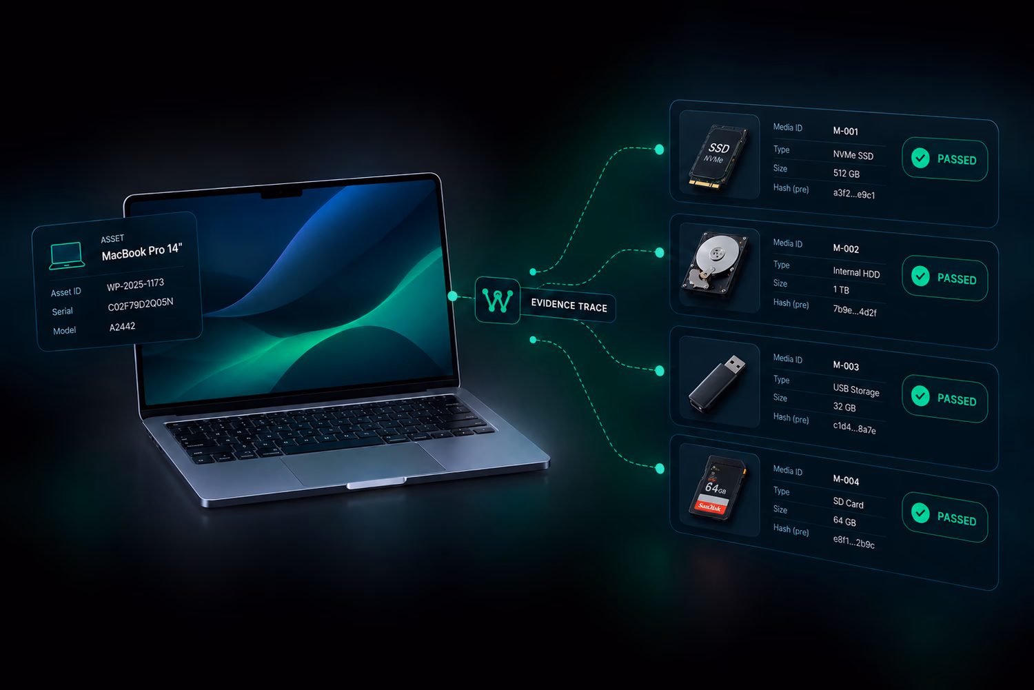 WipeProof evidence trace linking one asset to multiple storage media